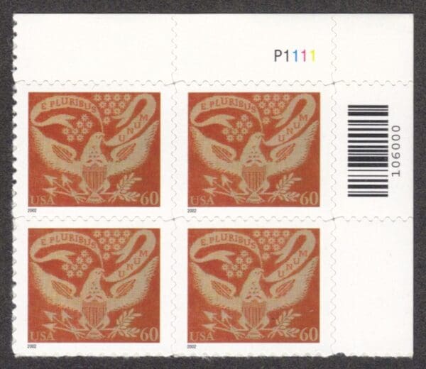 Scott# 3646 "COVERLET EAGLE" S/A PLATE BLOCK (4) MNH