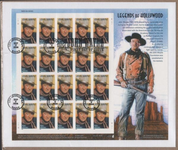 Scott# 3876 "JOHN WAYNE" PANE (20) SEALED USPS FIRST DAY COVER