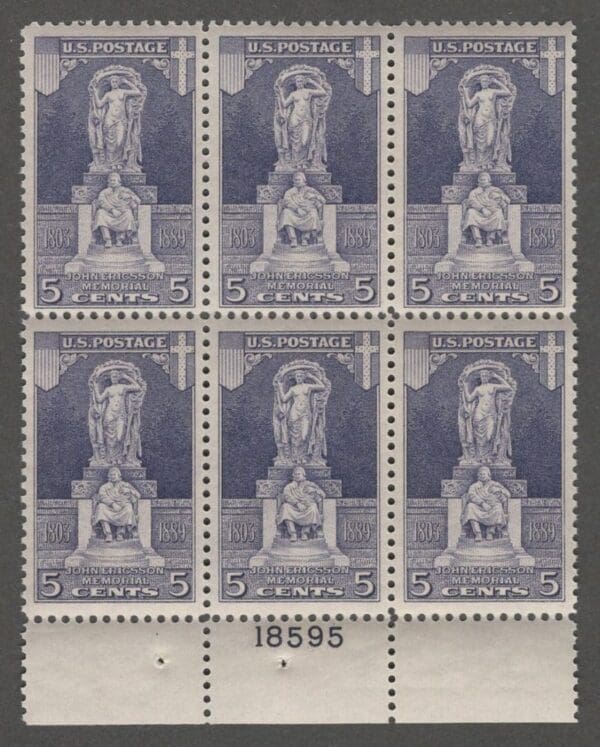 Scott# 628 "ERICSSON MEMORIAL" MNH PLATE BLOCK (6) VERY NICELY CENTERED