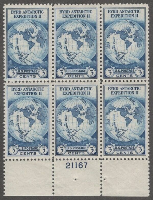 Scott# 733 "BYRD ANTARCTIC EXPO" MINT LOWER PLATE BLOCK (6) PLATE# 21167