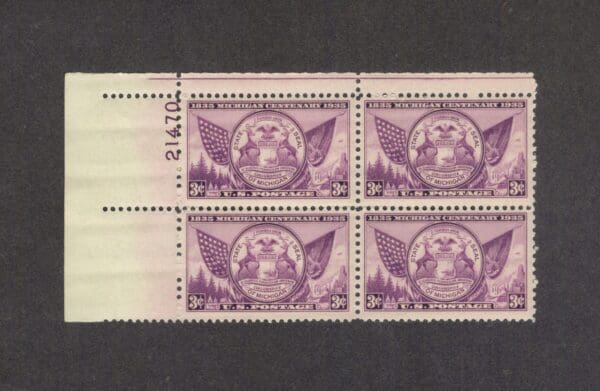 Scott# 775 "MICHIGAN STATE" PLATE BLOCK (4) MNH NICELY CENTERED