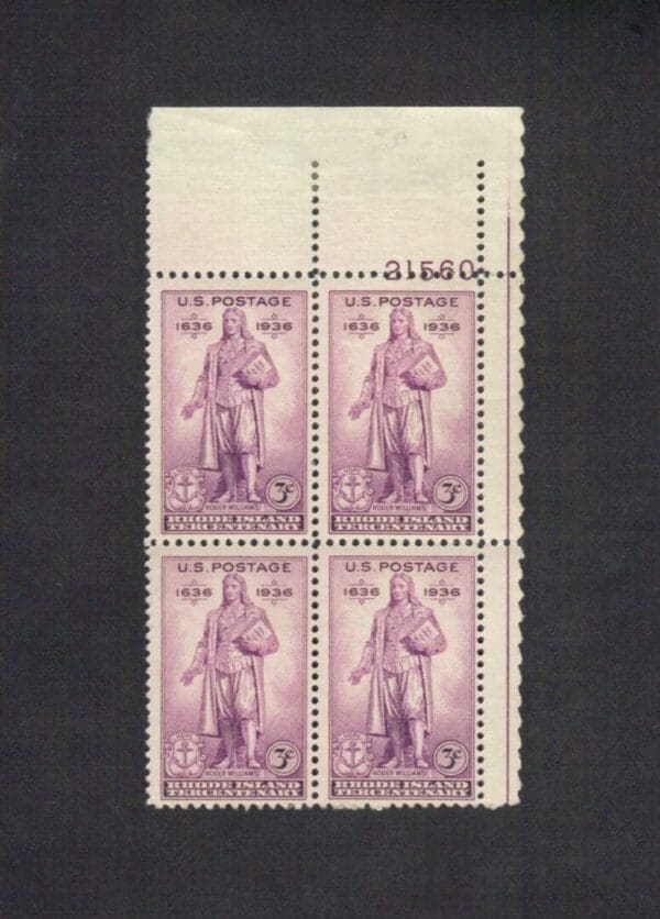 Scott# 777 "RHODE ISLAND TERCENTENARY" PLATE BLOCK MNH