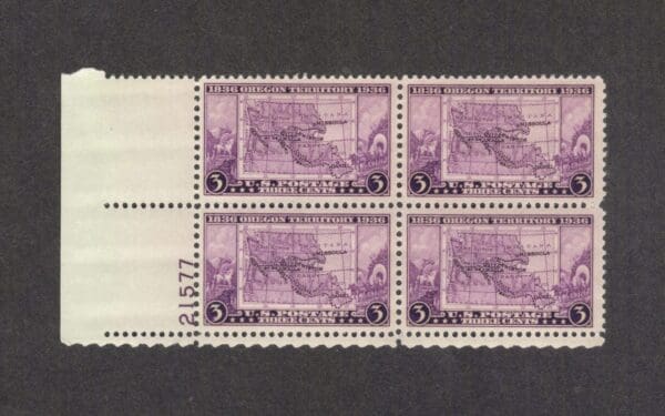 Scott# 783 "OREGON TERRITORY" PLATE BLOCK (4) MNH, NICELY CENTERED