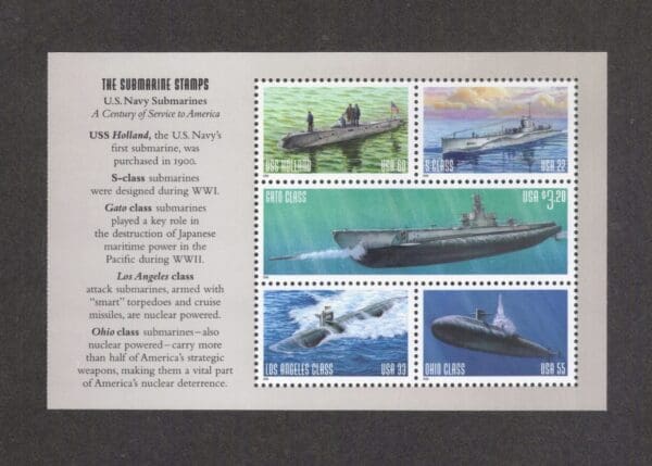 Scott# 3373-77 "U.S. NAVY SUBMARINES" INTACT BOOKLET PANE (5) MNH, POST OFFICE FRESH