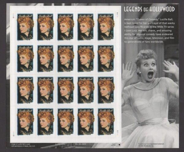 Scott# 3523 "LUCILLE BALL" INTACT S/A SHEET (20) WITH HEADER, MNH