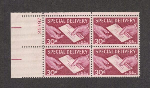 Scott# E21 "SPECIAL DELIVERY-HAND TO HAND" PLATE BLOCK (4) MNH