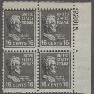 Scott# 821 "ABRAHAM LINCOLN" MNH PLATE BLOCK (4) NICELY CENTERED