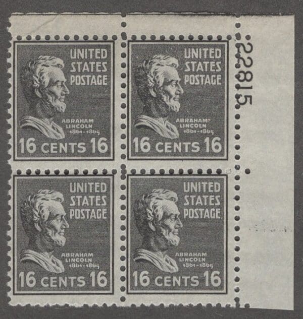 Scott# 821 "ABRAHAM LINCOLN" PLATE BLOCK (4) NICELY CENTERED