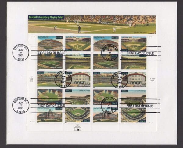 Scott# 3510 "BASEBALL PLAYING FIELDS" W/FOUR CITIES FIRST DAY CANCELS