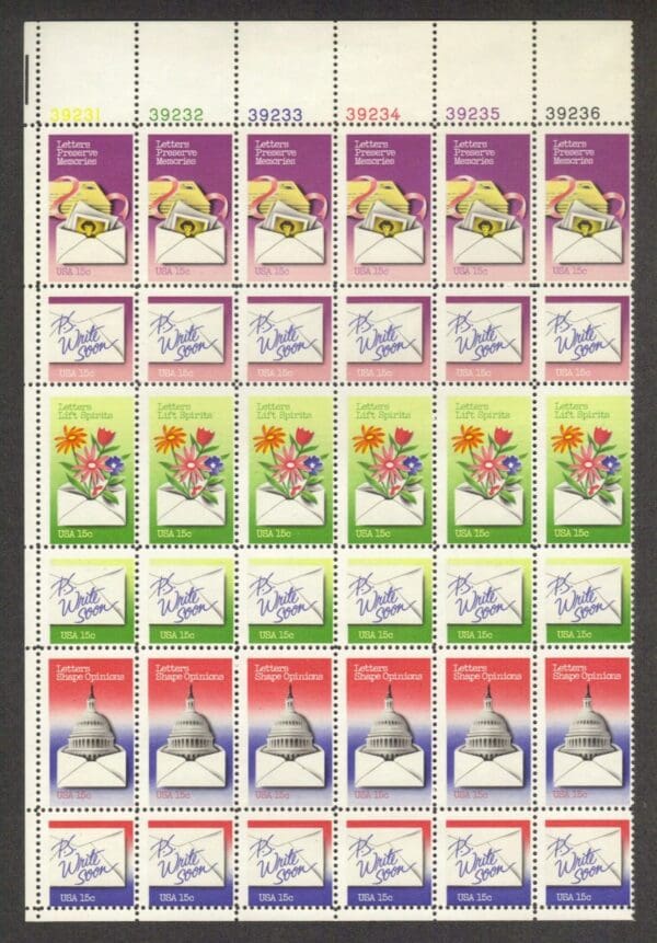 Scott# 1805-10 "LETTER WRITING" PLATE BLOCK (36) MNH, PRISTINE OG