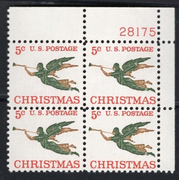 Scott# 1276 "CHRISTMAS ANGEL & TRUMPET PLATE BLOCK (4) MNH