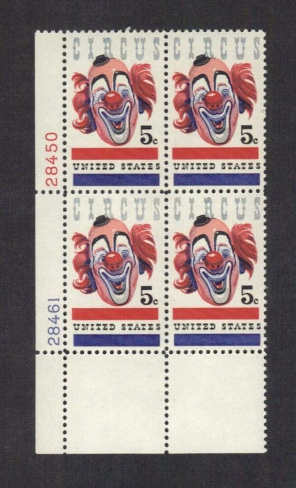 Scott# 1309  "AMERICAN CIRCUS" PLATE BLOCK (4) NICELY CENTERED, MNH