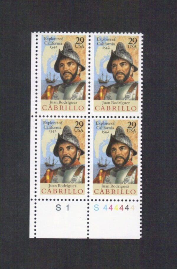 Scott# 2704 "JUAN R CABRILLO - EXPLORER" PLATE BLOCK (4) MNH