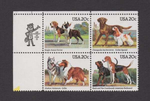 Scott# 2098-2101"DOGS" SE-TENANT ZIP BLOCK (4) MNH, NICELY CENTERED