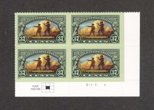 Scott# 3854 "LEWIS & CLARK" S/A PLATE BLOCK (4) MNH, NICELY CENTERED