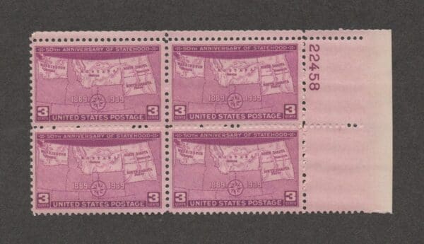 Scott# 858 "FOUR STATES" PLATE BLOCK (4) MNH, NICELY CENTERED