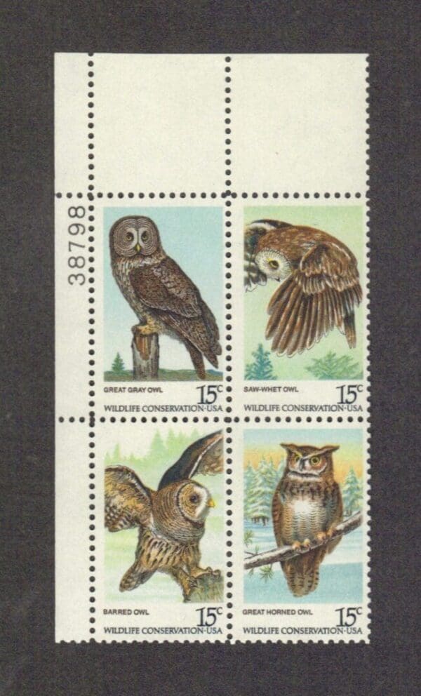 Scott# 1760-63 "AMERICAN OWLS" PLATE BLOCK (4) MINT, NICELY CENTERED