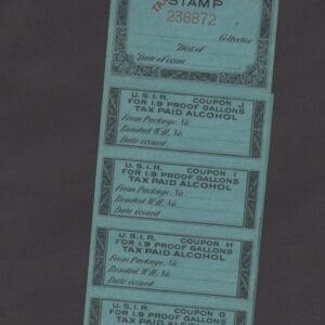 USIR TAX PAID, ACT of 1938, ALCOHOL, 1 9 PROOF GALS of 190 PROOF STRIP