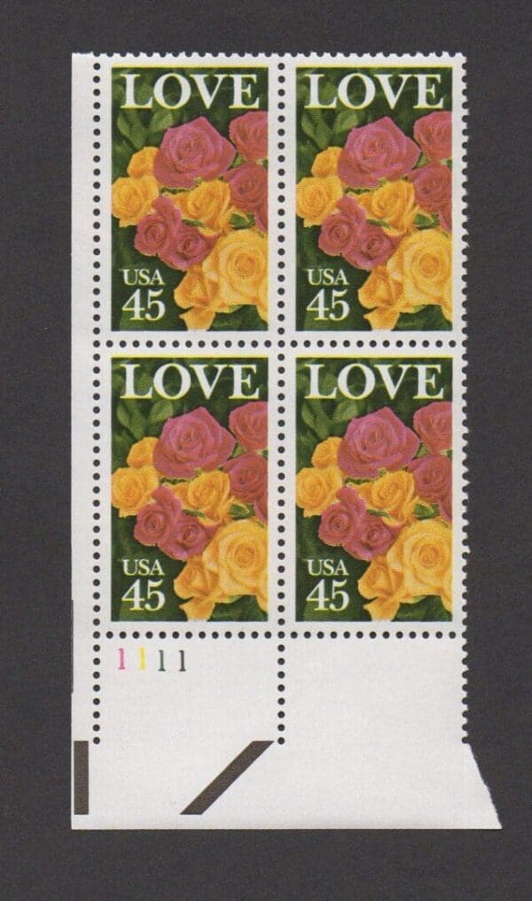 Scott# 2379 "LOVE ROSES" PLATE BLOCK (4) MNH, NICELY CENTERED