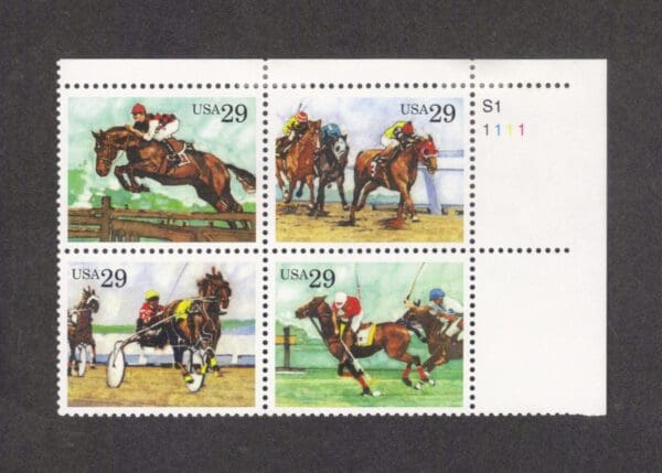 Scott# 2756-59 "SPORT HORSES" PLATE BLOCK (4) MH, NICELY CENTERED