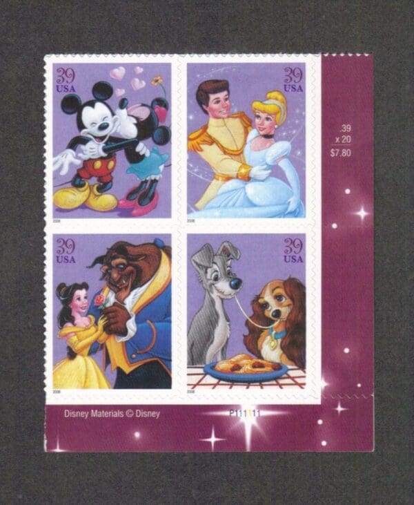 Scott# 4025-28 "ART OF DISNEY-ROMANCE" S/A PLATE BLOCK (4) MNH