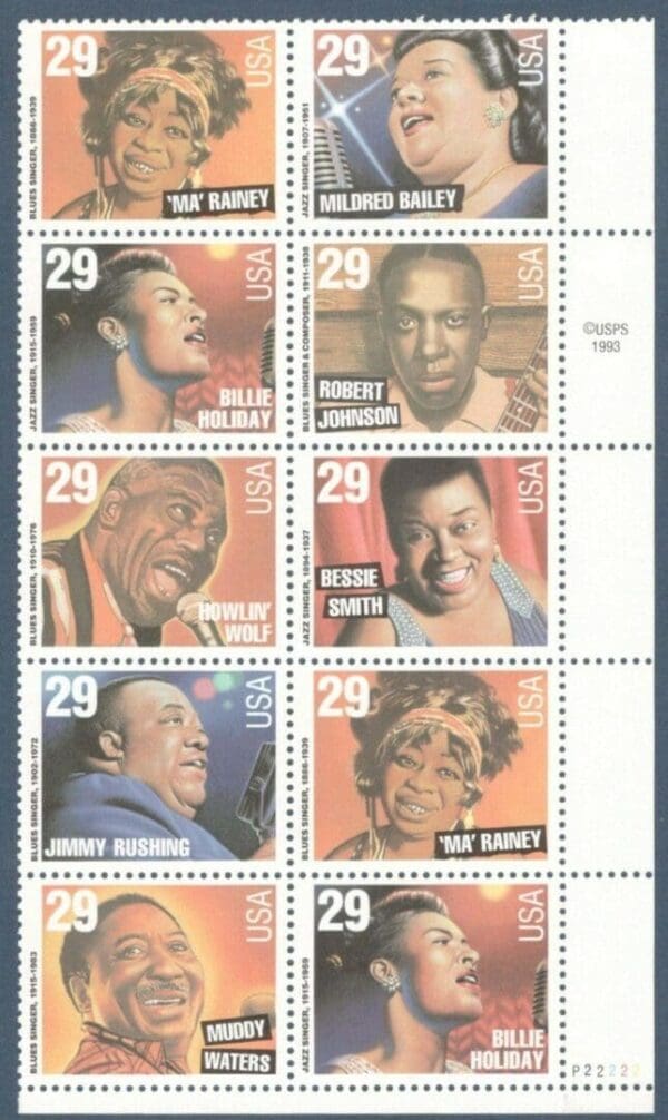 Scott# 2854-61 BLUES & JAZZ SINGERS VERTICAL PLATE BLOCK (10) MNH