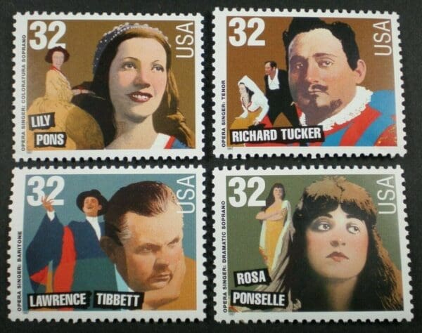 Scott# 3154-57 "OPERA SINGERS" SINGLES SET (4) MNH, WELL CENTERED