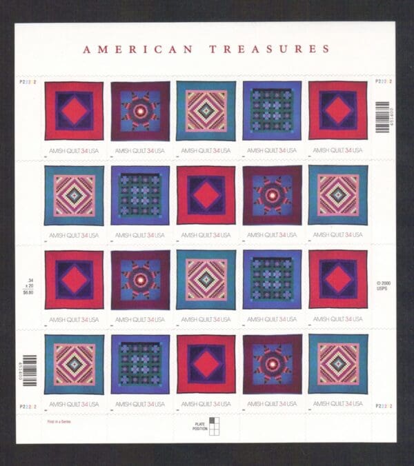 Scott# 3524-27 "AMISH QUILTS" FULL S/A SHEET (20) MNH