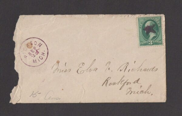 Scott# 147 WASHINGTON, ON COVER, PIERSON MICH CDS, PURPLE STAR