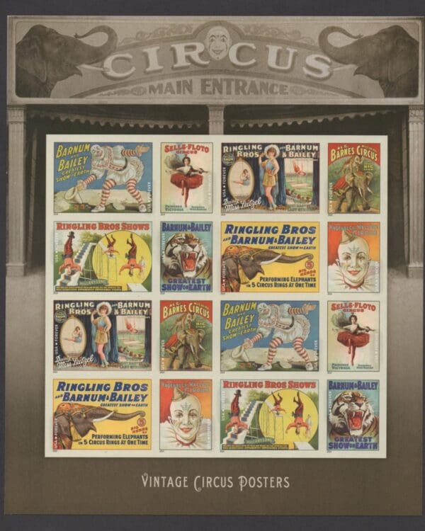 Scott# 4898-4905 (4905b) "VINTAGE CIRCUS" S/A SOUVENIR SHEET (16)