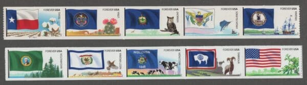 Scott# 4323-32 "FLAGS of OUR NATION-SET VI" 2 STRIPS (5) WITH PLATE # 11111111