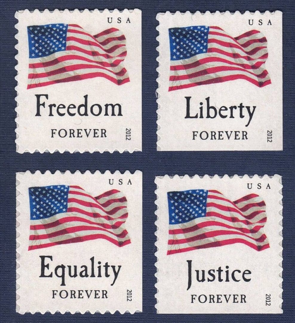 Flag USA Postage Stamps Liberty, Freedom, Justice, Equality (Four) MNH  FOREVER