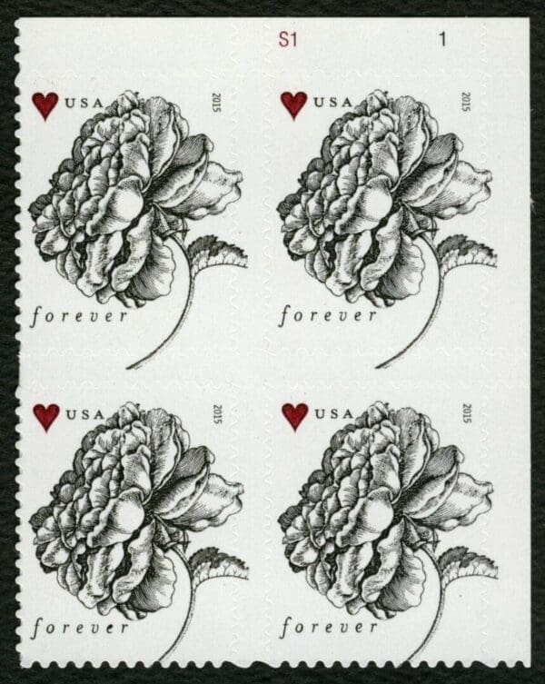 Scott# 4959 "VINTAGE ENGRAVED ROSE" S/A PLATE BLOCK (4) MNH