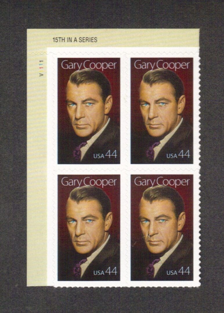 4421 GARY COOPER S/A PLATE BLOCK (4) MNH, NICELY CENTERED