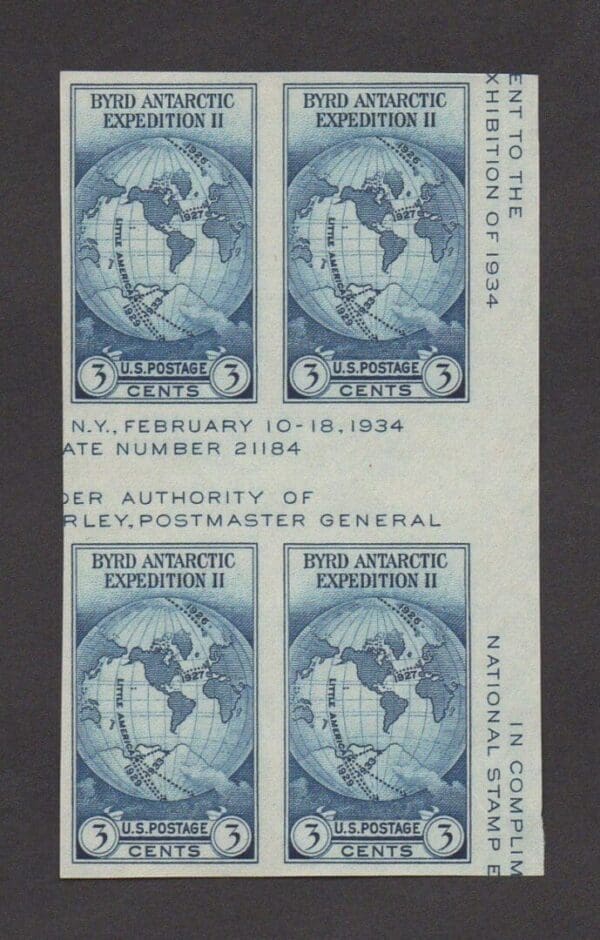 Scott# 768a "BYRD ANTARCTIC EXPEDITION" GUTTER BLOCK, MNH, NGAI