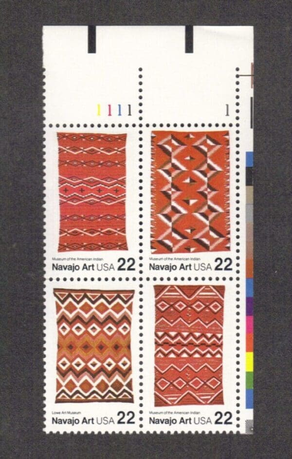 Scott# 2235-38 "NAVAJO BLANKETS" PLATE BLOCK (4) MINT