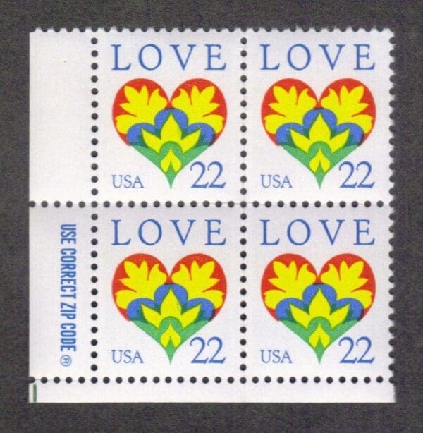 Scott# 2248 "LOVE - HEARTS & FLOWERS" ZIP BLOCK (4) MNH)