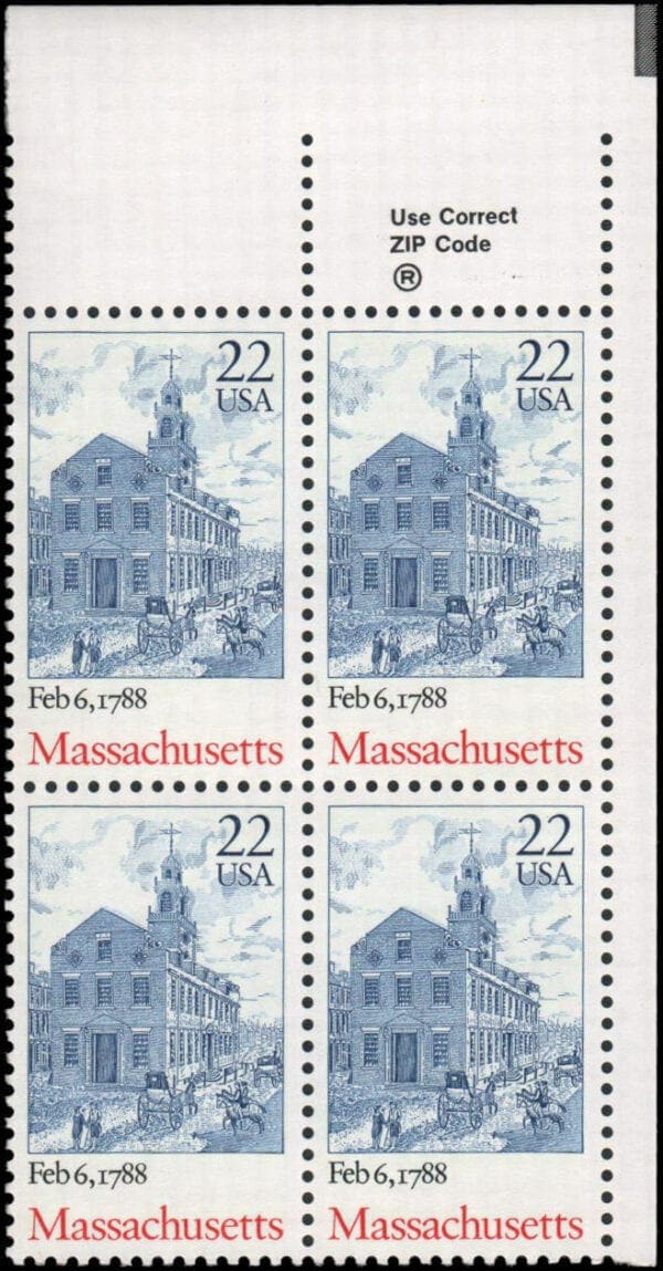 Scott# 2341 "MASSACHUSETTS BICENTENARY" ZIP BLOCK (4) MNH