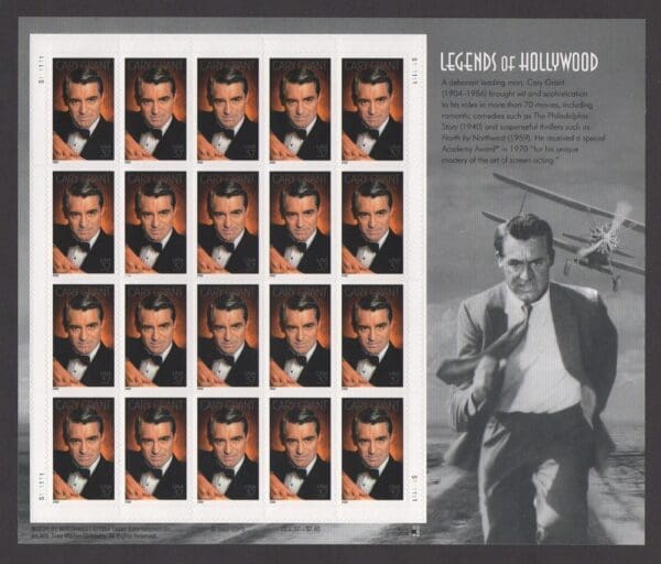 Scott# 3692 "CARY GRANT" FULL SHEET (20) MNH WITH SIDE PANEL