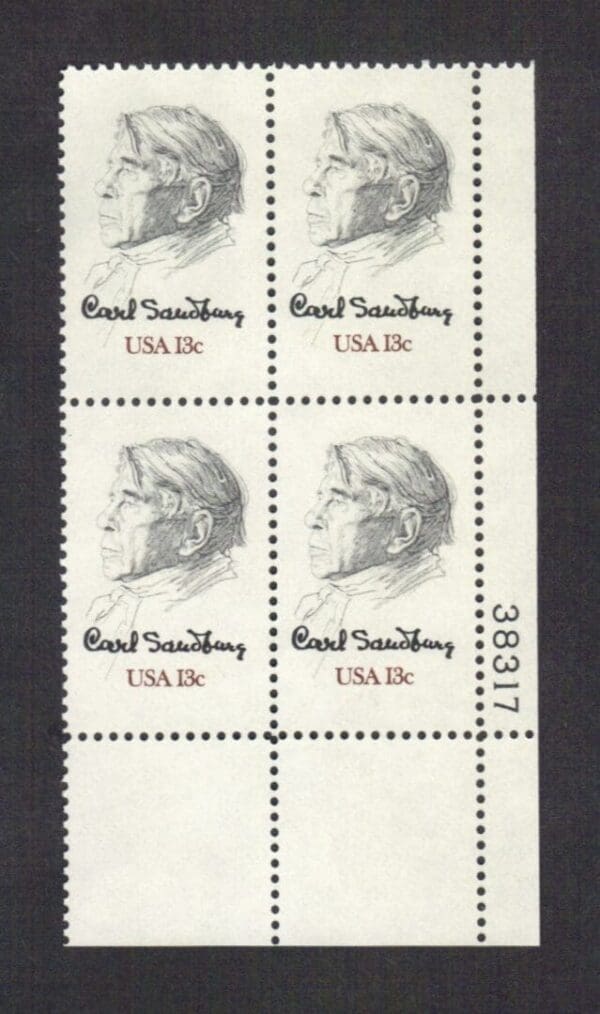 Scott# 1731 "CARL SANDBURG - POET" PLATE BLOCK (4) MNH