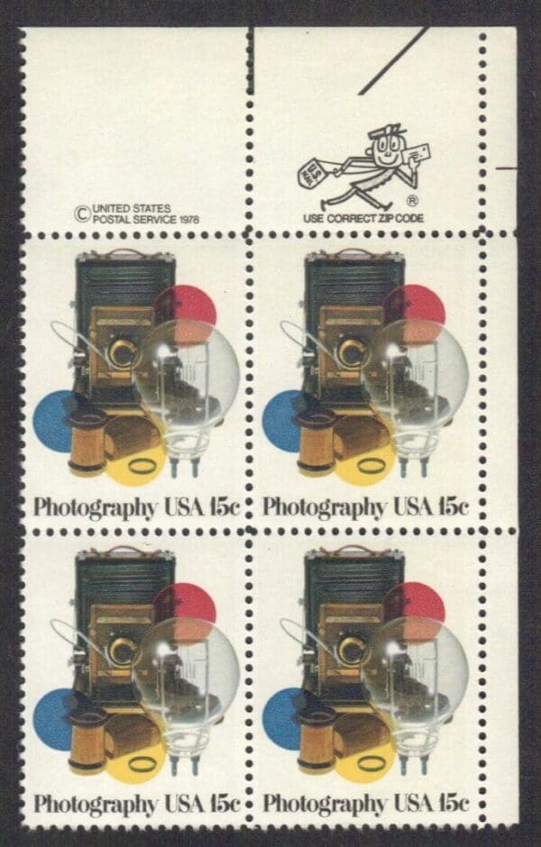 Scott# 1758 "PHOTOGRAPHY" MR ZIP BLOCK (4) MNH, NICELY CENTERED