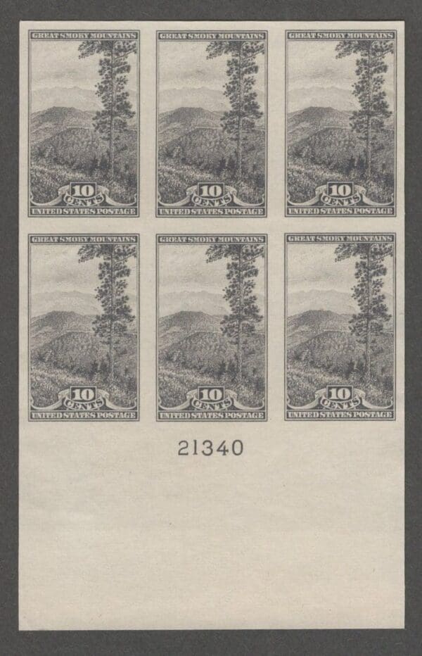 Scott# 765 "GREAT SMOKY MOUNTAINS-NAT'L PARKS" PLATE BLOCK (6)MNH P#21340