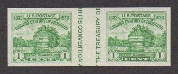 Scott# 730a "FORT DEARBORN" HORIZ. CROSS GUTTER PAIR, MNH, NGAI