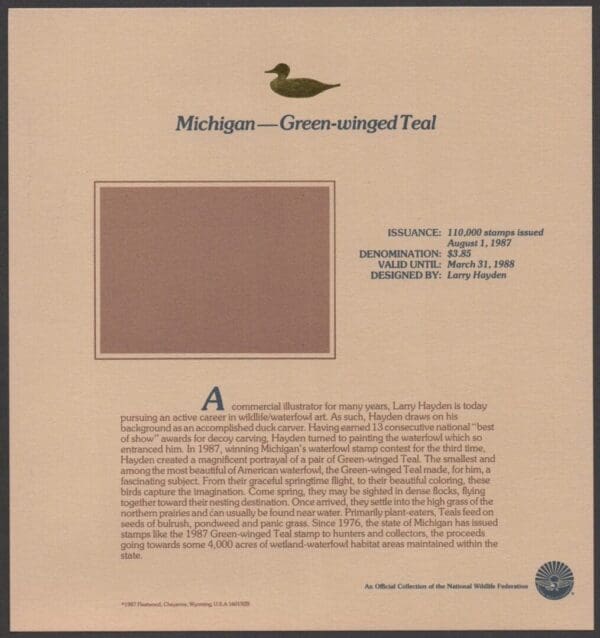 Scott# MI12 "GREEN-WINGED TEAL" MI STATE DUCK STAMP + FLEETWOOD PAGE - Image 3