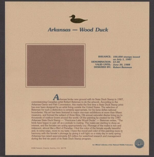 Scott# AR7 "WOOD DUCKS" AR STATE DUCK STAMP + FLEETWOOD PAGE - Image 3