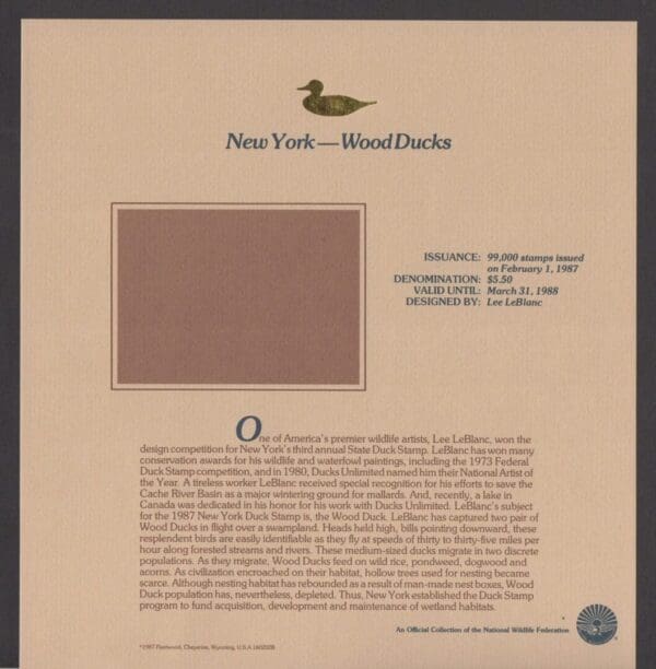 Scott# NY3 "WOOD DUCKS" NY STATE DUCK STAMP+FLEETWOOD PAGE - Image 3