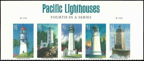 Scott# 4146-50 "PACIFIC COAST LIGHTHOUSES" STRIP (5) WITH HEADER