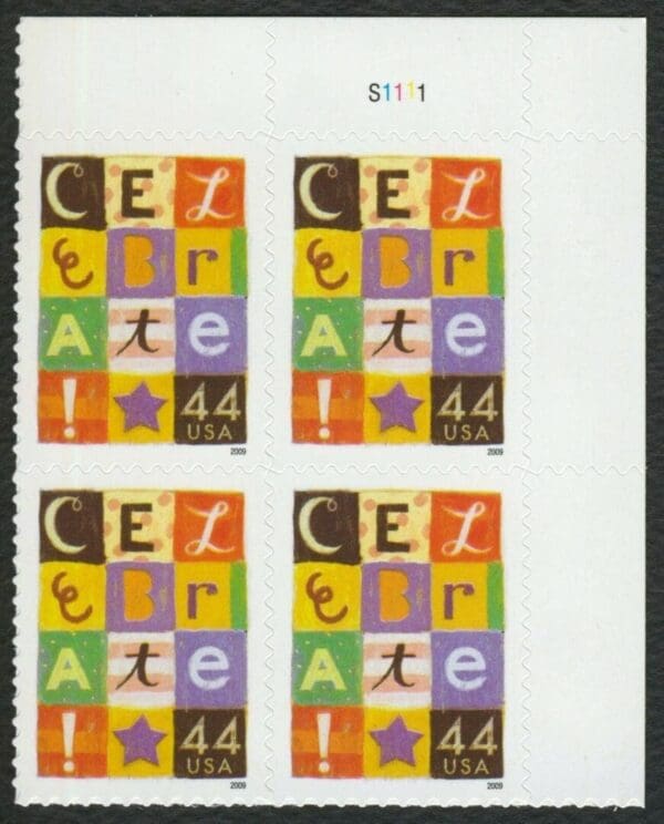 4407 "CELEBRATE" S/A PLATE BLOCK (4) MNH, NICELY CENTERED