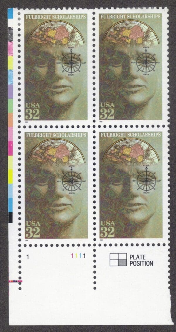 Scott# 3065 "FULBRIGHT SCHOLARSHIPS" PLATE BLOCK (4) MNH