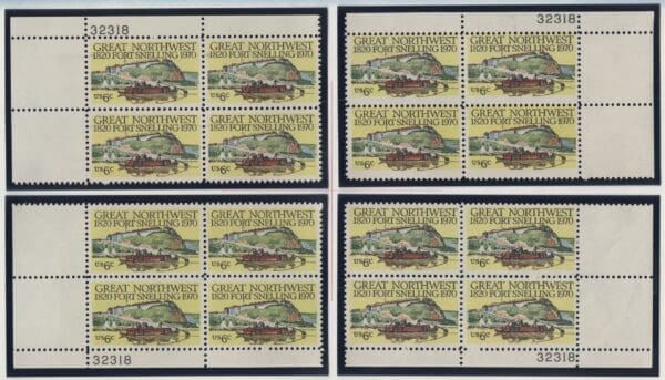 Scott# 1409 "FORT SNELLING" MNH MATCHED PLATE BLOCK (4) SET P# 32318